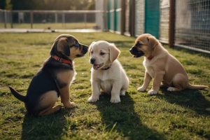 Three puppies sitting on green grass outdoors, looking at each other. From left to right: a black and tan puppy, a cream-colored puppy, and a light brown puppy, all wearing collars, with a fence in the sunlit background.