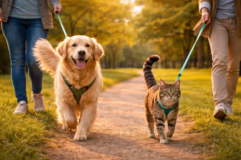 Two people walking side-by-side on a dirt path through a sunny autumn park, walking a happy Golden Retriever in a green harness on one leash, and a tabby cat in a green harness on the other leash.