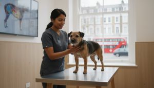 A smiling female veterinarian wearing dark gray scrubs gently holding a small black and tan terrier-type dog standing on a stainless steel examination table, inside a bright clinic with a canine anatomical poster on the wall and a red double-decker bus visible through the window.