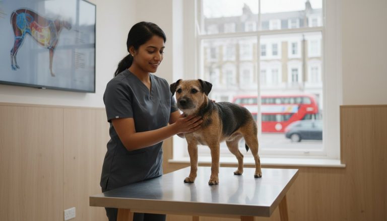 A smiling female veterinarian wearing dark gray scrubs gently holding a small black and tan terrier-type dog standing on a stainless steel examination table, inside a bright clinic with a canine anatomical poster on the wall and a red double-decker bus visible through the window.
