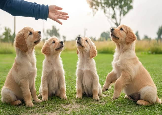 Four light golden retriever puppies sitting in a row on green grass outdoors, all looking up attentively at a person's open hand reaching down toward them from above.