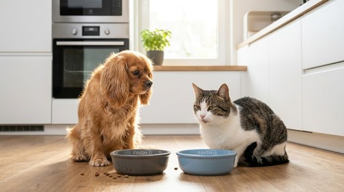 A small brown and tan dog and a white and tabby cat sitting side-by-side on a light wood kitchen floor, looking at each other next to two feeding bowls—one grey and one light blue—with a modern white kitchen and a potted plant on the windowsill in the background.